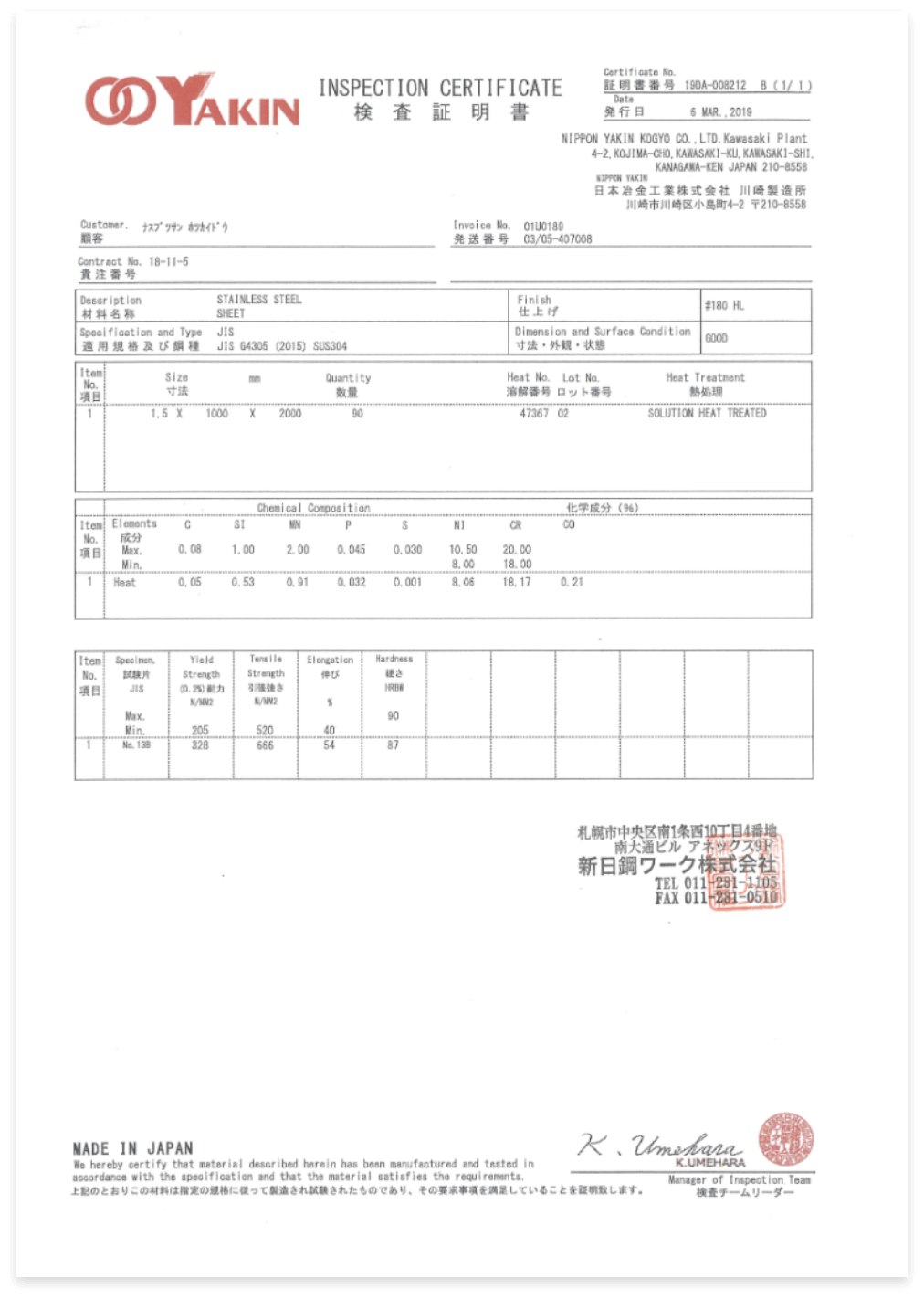 ステンレス板：日本冶金工業株式会社